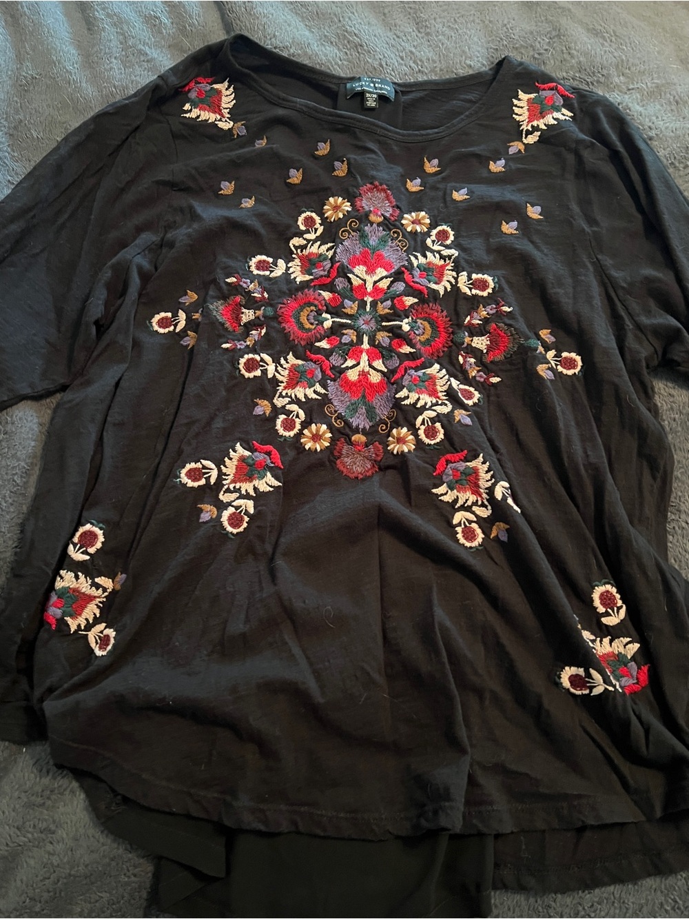 Lucky Brand Black Long Sleeve Top with Multicolor Floral Embroidery